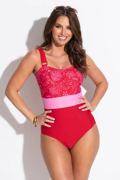 Pour Moi Palm Springs Colour Block Tummy Control Swimsuit - Red/Pink