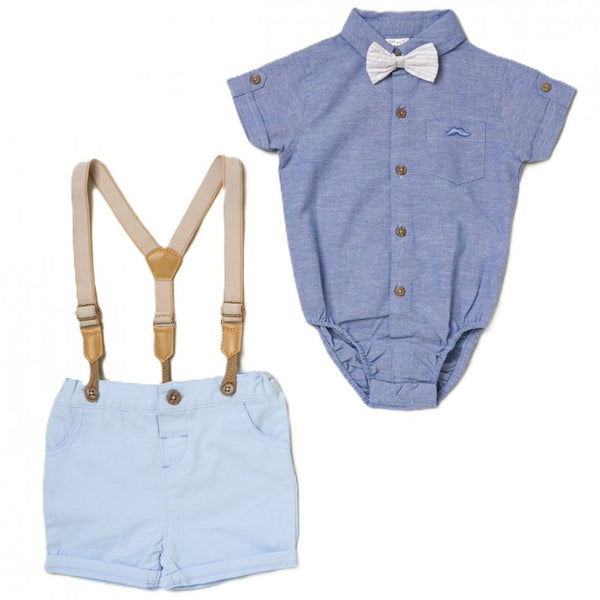 Little Gent Baby Boys Bodysuit Shirt With Bow Tie & Chino Short With Braces Outfit  D07094