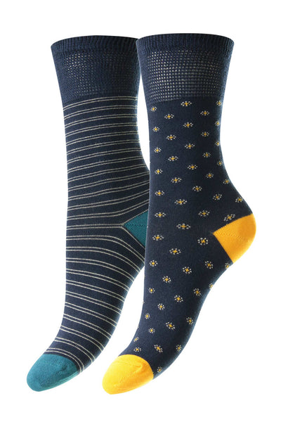 HJ Hall Women's Bamboo Comfort Top Socks (2-pair pack)Daisy/Stripe HJ533