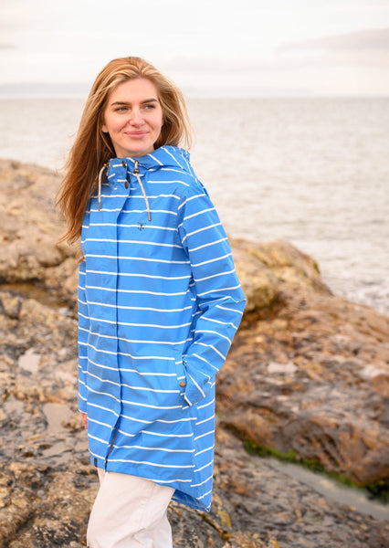Lighthouse Ladies Long Beachcomber Jacket -Azure Blue Stripe