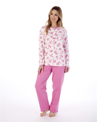 Slenderella Ladies Floral Print & Plain Interlock Pyjama Set PJ02128 Pink