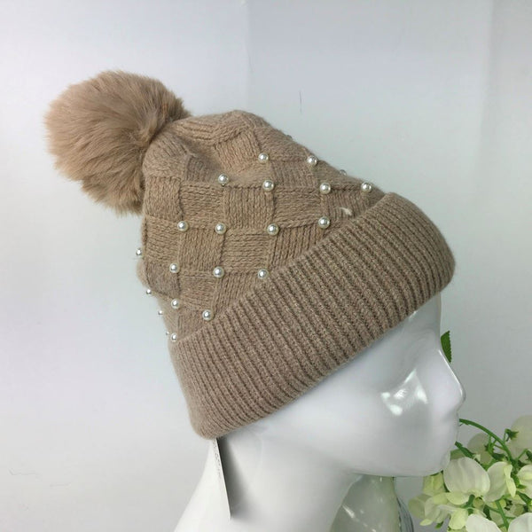 Ladies Pom Pom Knitted Pearl Beanie 224-033H