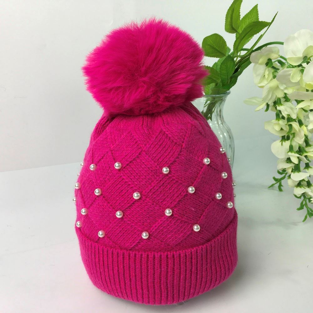 Ladies Pom Pom Knitted Pearl Beanie 224-033H