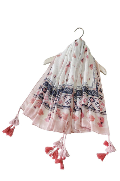 Tassel Square Scarf with Border Print Delicate Feather SC-7476