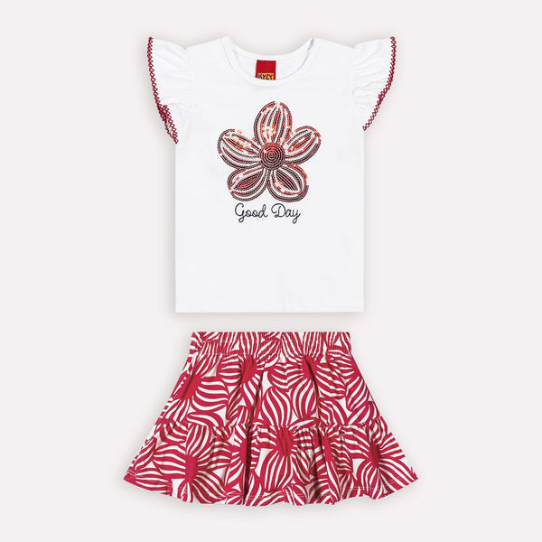 Kyly  Girls' TShirt & Skort Set 1000544 Sequin Floral Embroidery Red White