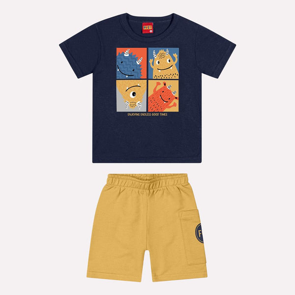 Kyly  Boy's Tshirt & Shorts Set 1000585 "Happy Monsters" Navy & Yellow