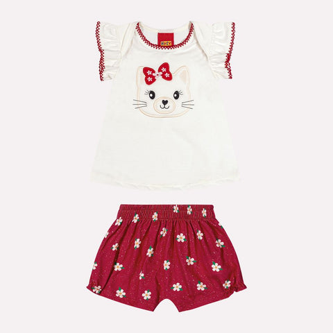 Kyly  Girls' Tshirt & Shorts Set 1000664  "Pretty Kitty" White-Red