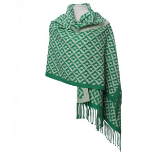 Ladies Zelly Reversible Abstract Heart Scarf with Scarf Pin- Green