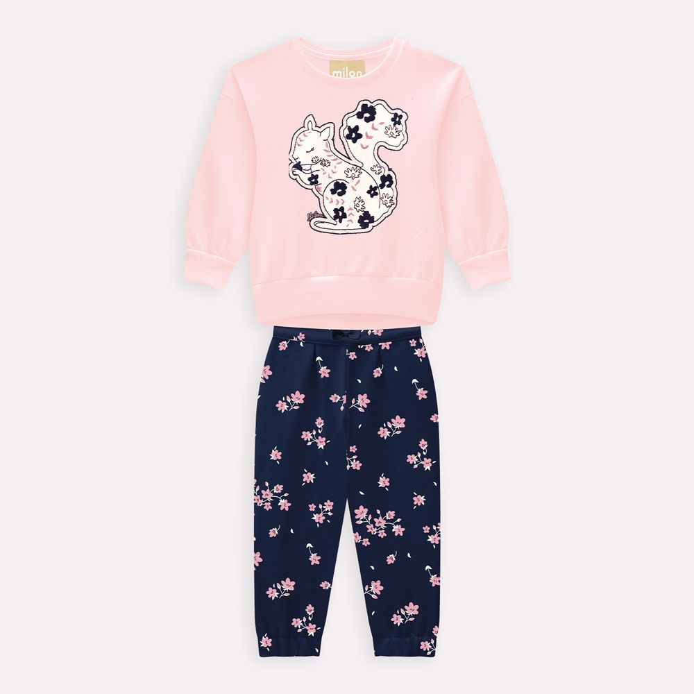 Milon Embroidered Girls' Top+Leggings Set 2000766 Embroidered Squirrel Pink+Black