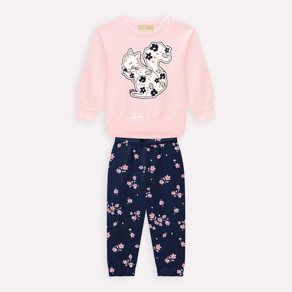 Milon Embroidered Girls' Top+Leggings Set 2000766 Embroidered Squirrel Pink+Black