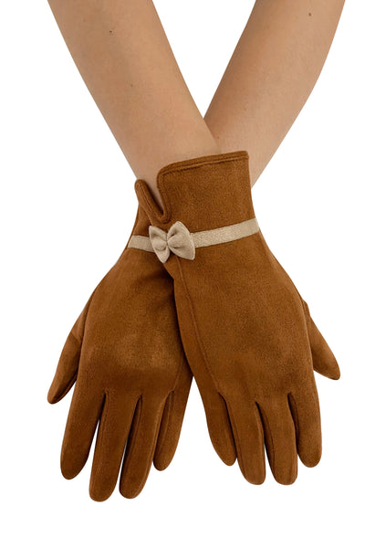 Suede Effect Touchscreen Gloves With Contrast Bow GF-3865