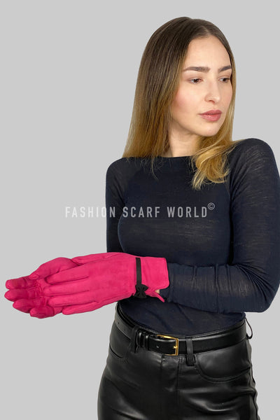 Suede Effect Touchscreen Gloves With Contrast Bow GF-3865