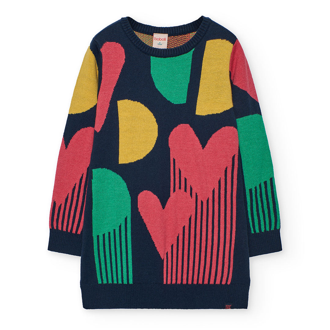 Boboli Girl's Knit Dress 412096 Navy Hearts Pattern