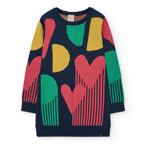 Boboli Girl's Knit Dress 412096 Navy Hearts Pattern