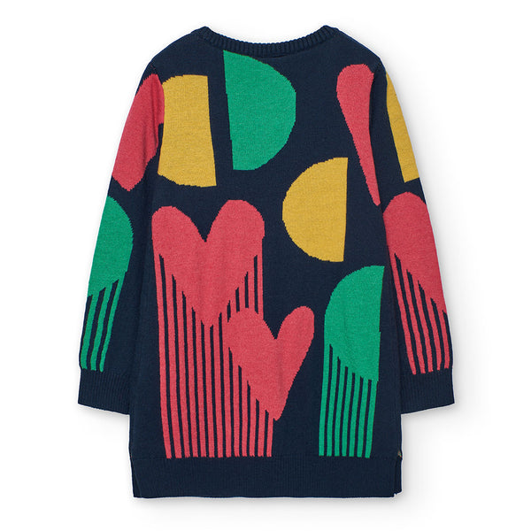 Boboli Girl's Knit Dress 412096 Navy Hearts Pattern