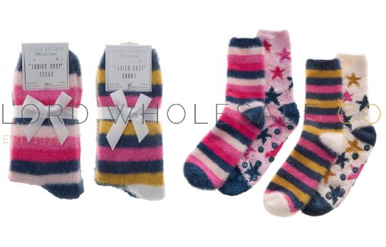 Forever Dreaming Ladies Bedsocks with Grippers 2 Pair Pack Cosy Stars  & Stripe Feathers
