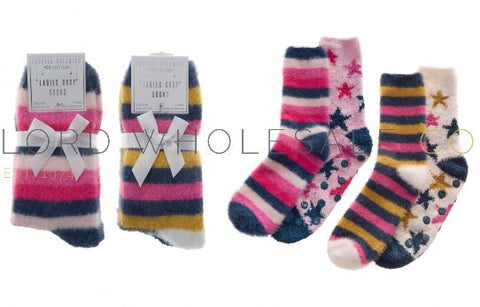 Forever Dreaming Ladies Bedsocks with Grippers 2 Pair Pack Cosy Stars  & Stripe Feathers