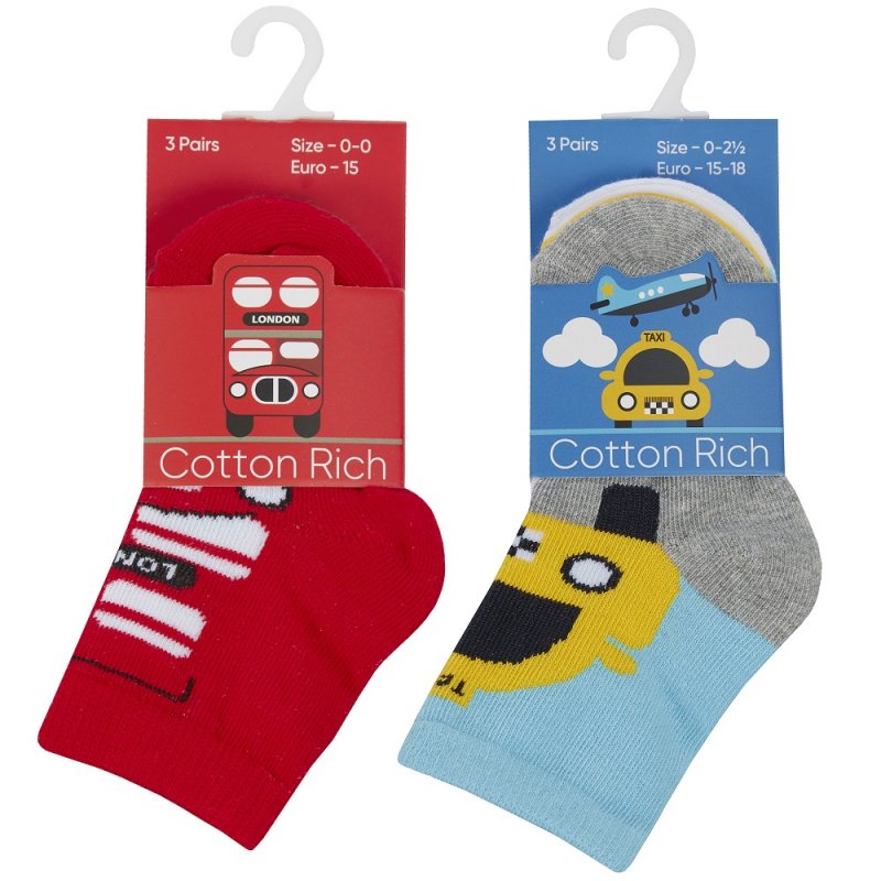 Baby Boys 3 Pack Cotton Rich Design Ankle Socks 44B952