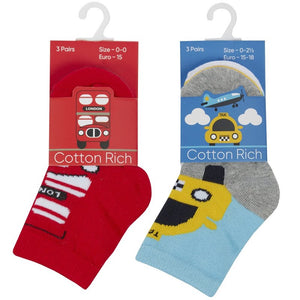 Baby Boys 3 Pack Cotton Rich Design Ankle Socks 44B952