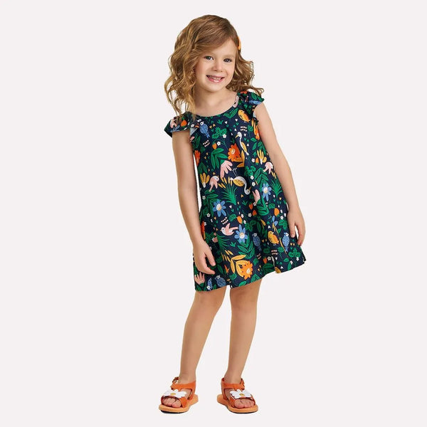 Nanai Girls' Cotton Dress with Shell Stitch 6000319  Bird Garden Print