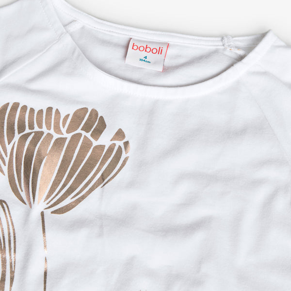 Boboli Girl's Stretch Print T-Shirt  721033 White Gold Metallic Flower