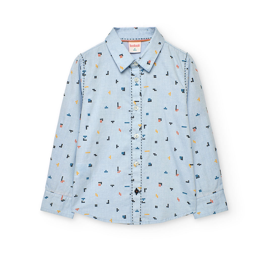 Boboli Boy's Oxford Shirt 732215 Plain Blue Falling Blocks Print