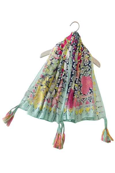 Tassel Square Scarf With Aztec Border Detailed Floral  SC-7477