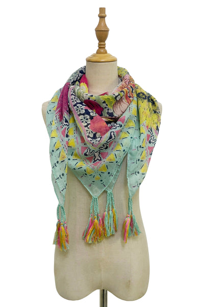 Tassel Square Scarf With Aztec Border Detailed Floral  SC-7477