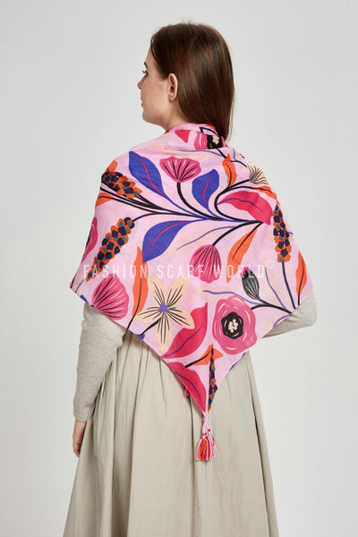 Symmetrical Poppy Print Square Tassel Scarf SC-7987-B