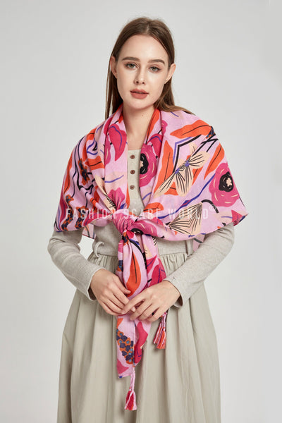 Symmetrical Poppy Print Square Tassel Scarf SC-7987-B