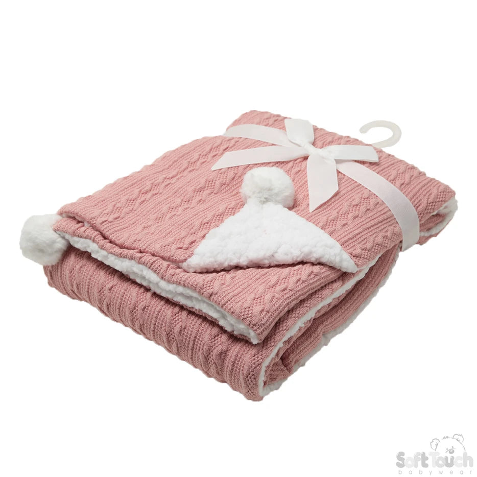 Soft Touch Cable Knit Baby Wrap with Pom Pom + Soft Sherpa Back FBP188 Various Colours