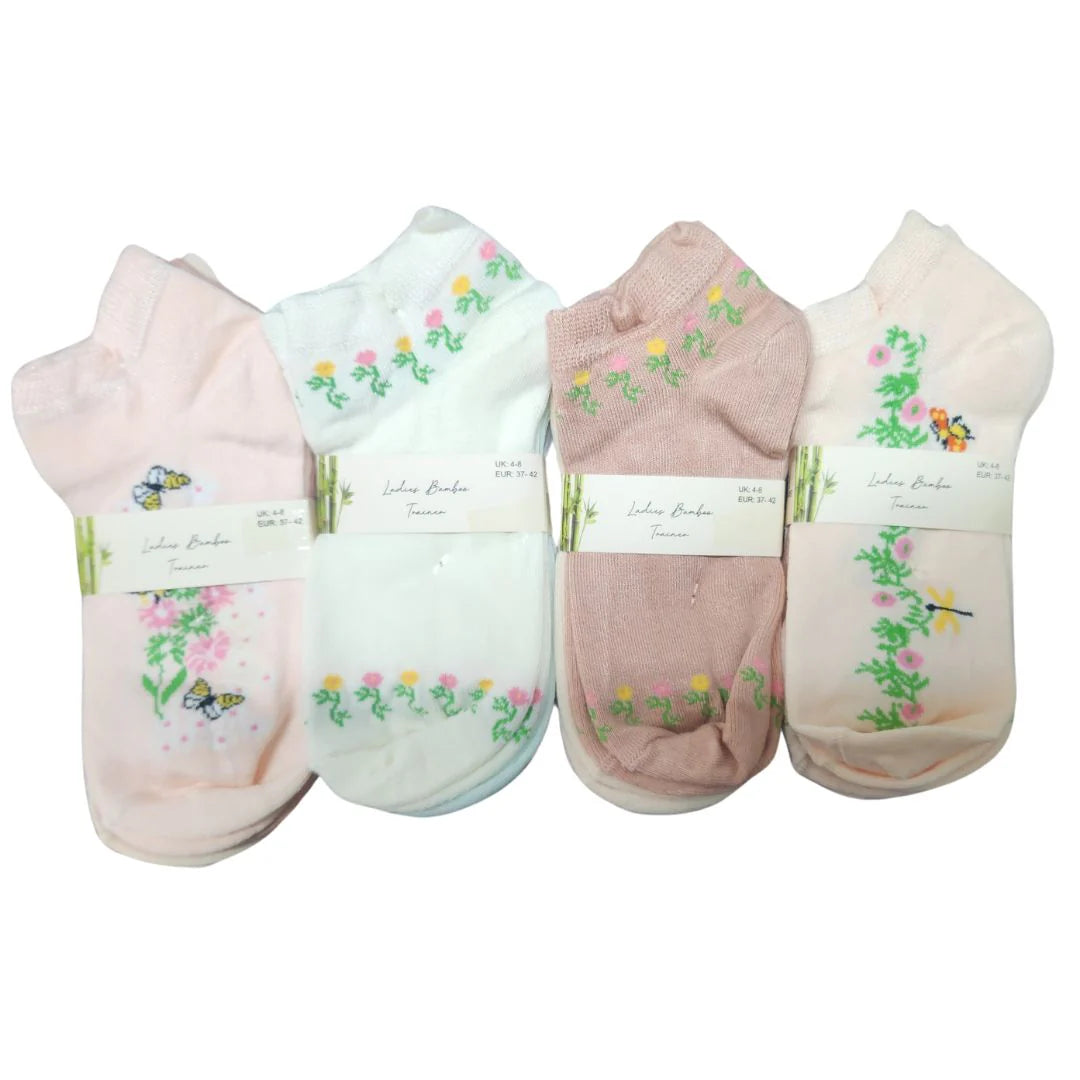 Ladies Women Bamboo Trainer Socks 3 Pair Pack 4-8 Floral Design