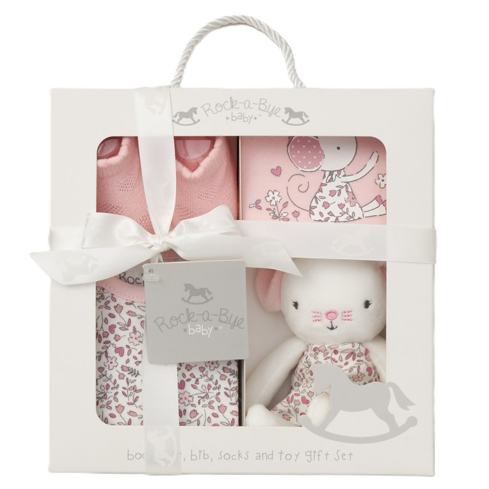 Baby gift set with pink baby clothes, socks, and a toy in a Rock-a-Bye Baby branded box.
