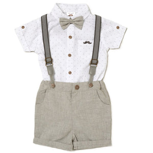 Little Gent Baby Boys Bodysuit Shirt With Bow Tie & Linen Short With Braces Outfit D07096