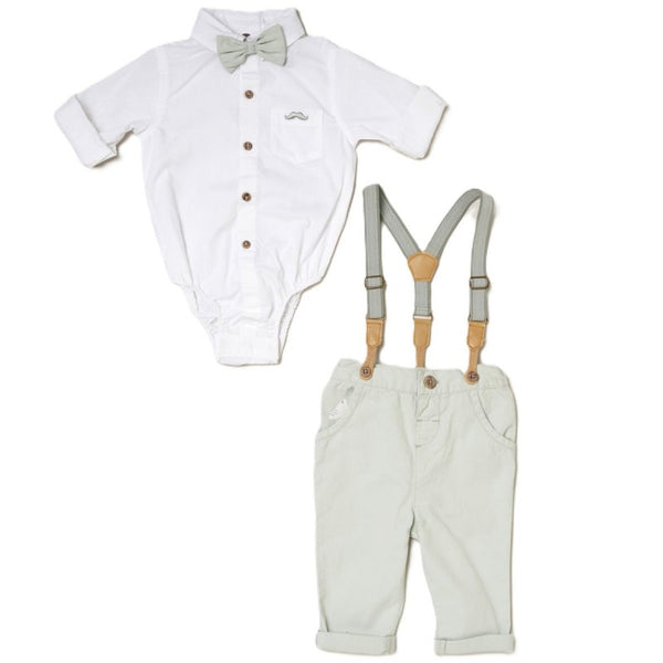 Little Gent Baby Boys Bodysuit Shirt With Bow Tie & Chino Pant With Braces Outfit D07122