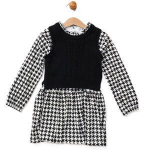 Willow & Whistle Baby Girls Knitted Top & Dress Outfit E08304B Black White Herringbond Print