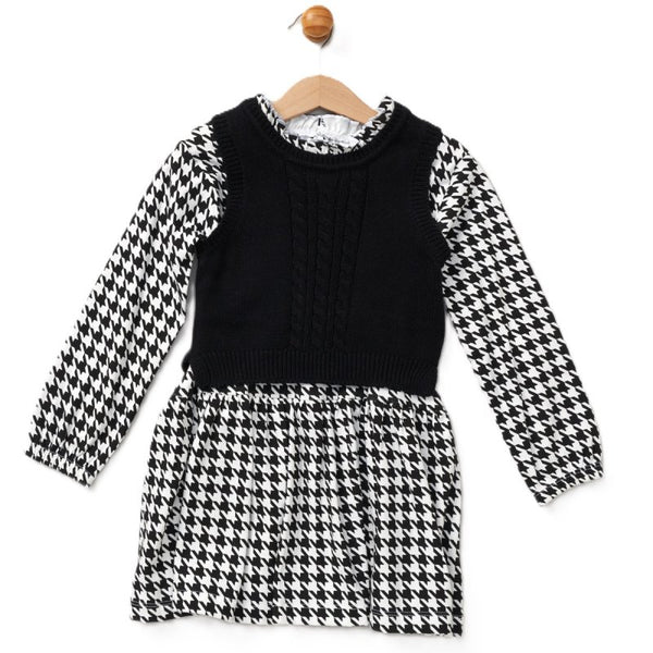 Willow & Whistle Baby Girls Knitted Top & Dress Outfit E08304B Black White Herringbond Print