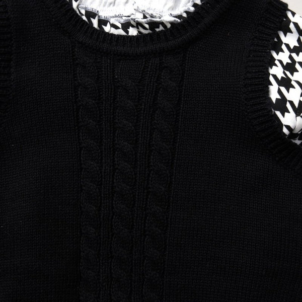 Willow & Whistle Baby Girls Knitted Top & Dress Outfit E08304B Black White Herringbond Print