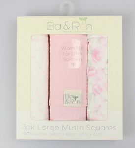 Ela & Ren Large Muslin Squares Boxed 3 Pack Roses Pink ER13415