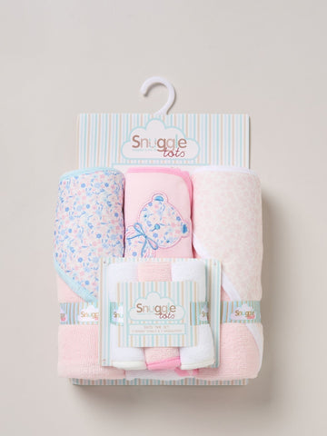 Snuggle Tots 6 Piece Hooded Towels & Washcloths Bath Time Set Floral Teddy F09619