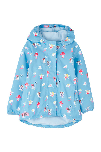 Children's blue raincoat with fairy pattern on a white background