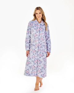 Slenderella 46" Floral Flannel Fleece Button Through Housecoat HC04311 Blue