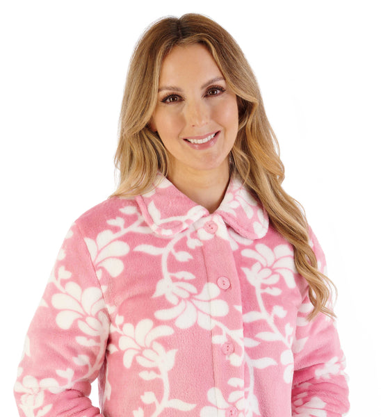 Slenderella Women's Floral Flannel Fleece 46" Button Through Housecoat HC08311PK Pink