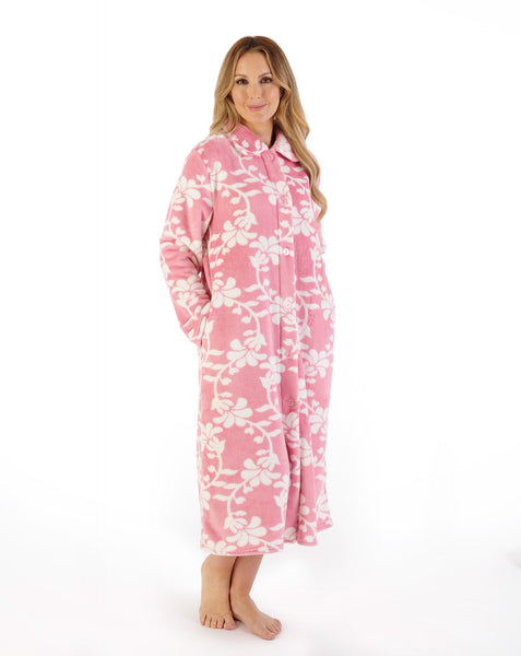 Slenderella Women's Floral Flannel Fleece 46" Button Through Housecoat HC08311PK Pink