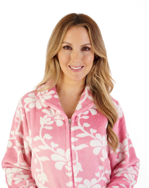 Slenderella Women's Floral Flannel Fleece 46" Zip Housecoat HC08312PK Pink