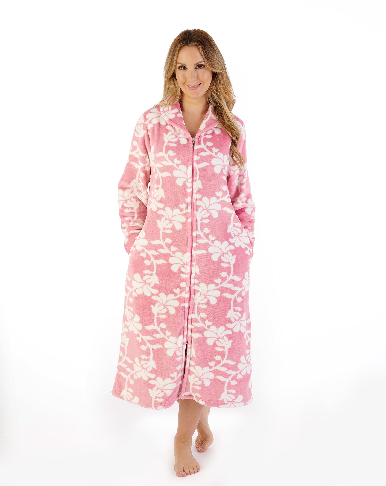 Slenderella Women's Floral Flannel Fleece 46" Zip Housecoat HC08312PK Pink