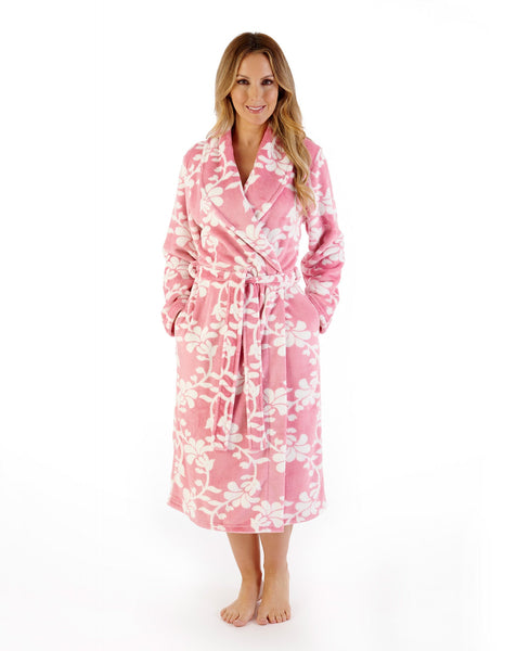 Slenderella Women's Floral Flannel Fleece 46" Shawl Collar Wrap HC08313PK Pink