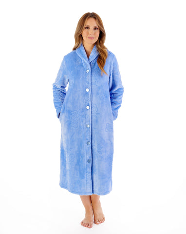 Slenderella Women's Floral Embossed Fleece 46" Button Housecoat  HC08316BL Blue