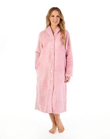 Slenderella Women's Floral Embossed Fleece 46" Button Housecoat  HC08316PK Pink