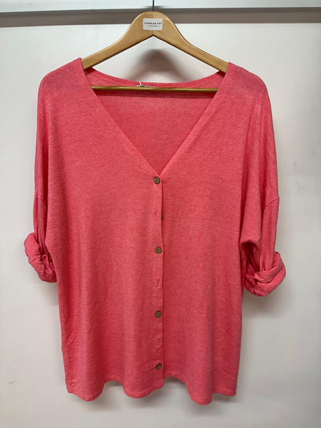 Made In Italy Ladies Rolled Sleeves Plain Button Cardigan One Size DK2086